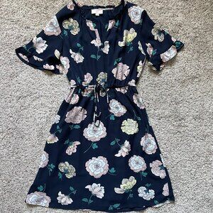 - Loft - Navy Blue A-Line Midi Dress with Light Pink & Yellow Flowers